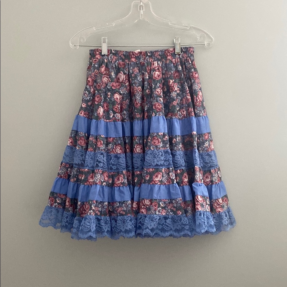 Floral Blue Cotton Lace 1980s Vintage Skirt